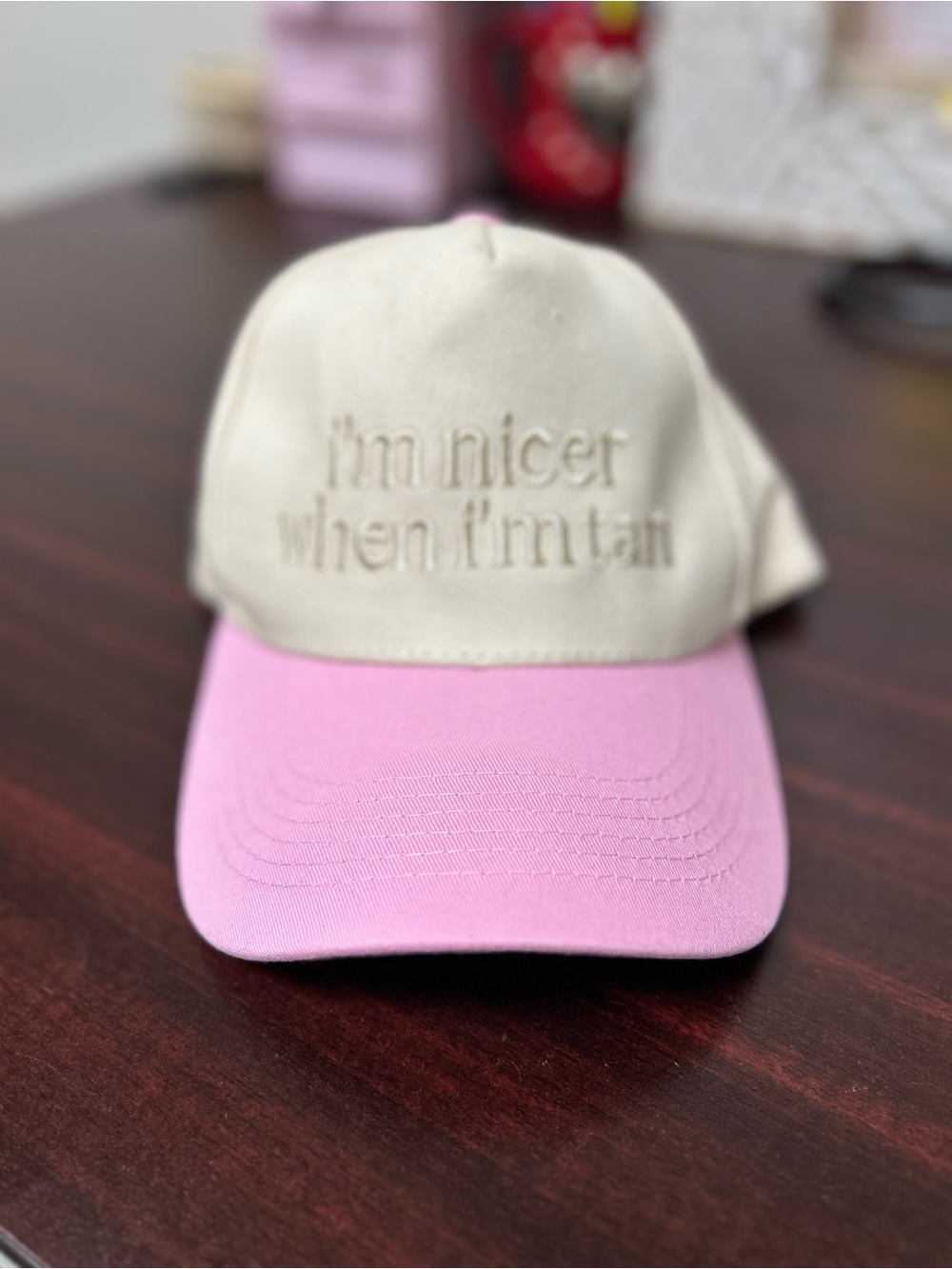 I’m Nicer When I’m Tan Embroidered Pink & Cream Adjustable Snapback Hat View 3